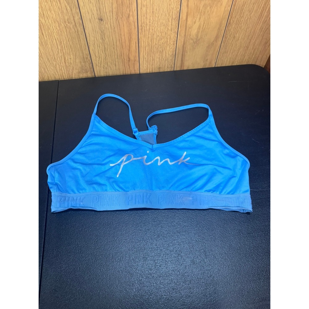 Victorias Secret PINK Sports Bra Blue Silver Metallic Logo Racerback X-Large